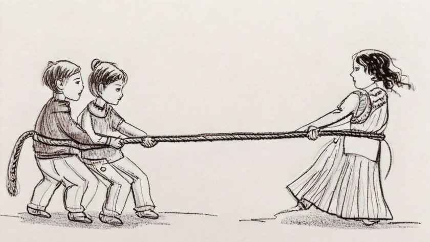 綱引をする親子のイメージ画像 AI生成