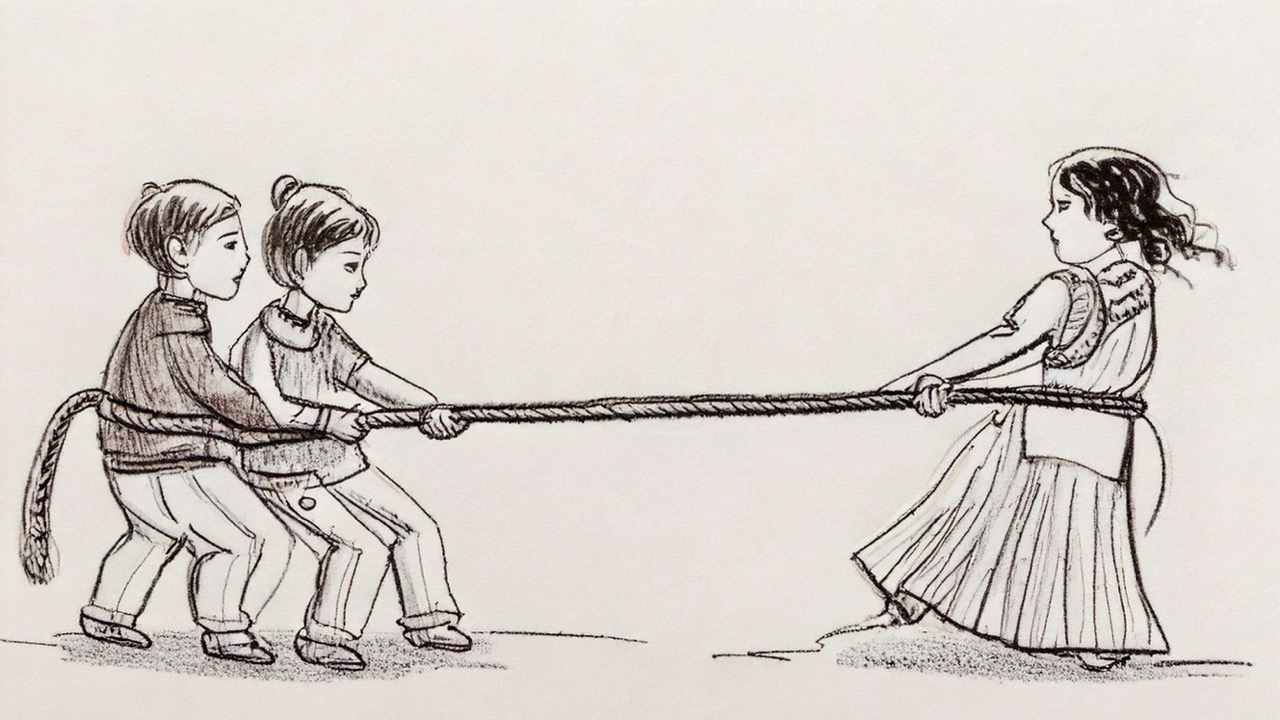 綱引をする親子のイメージ画像 AI生成