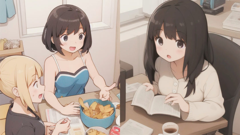 友だちと遊ぶ女子と勉強する女子の比較イメージ画像 AI生成