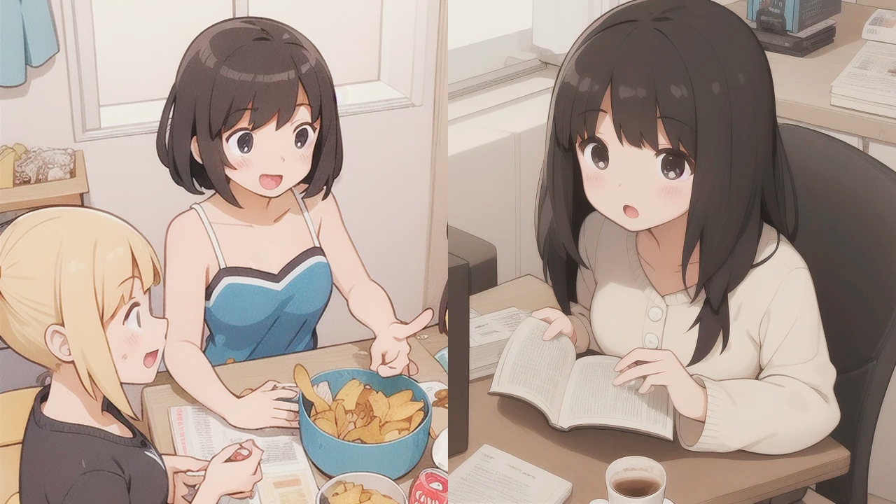 友だちと遊ぶ女子と勉強する女子の比較イメージ画像 AI生成