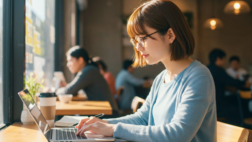 カフェでウェブ技術を勉強する女性 AI生成