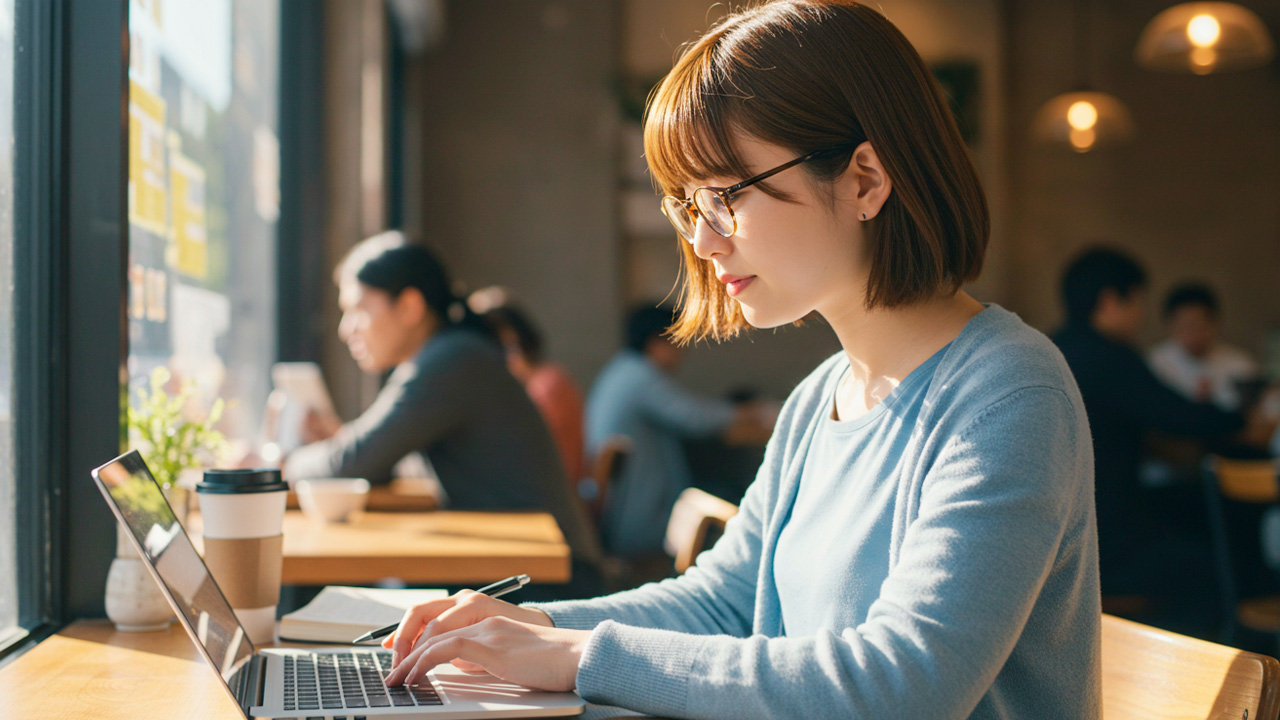 カフェでウェブ技術を勉強する女性 AI生成