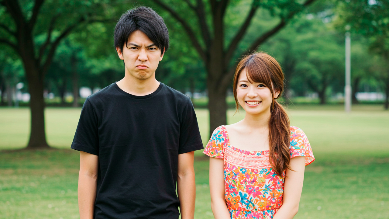 不機嫌な男性とご機嫌な女性 AI生成