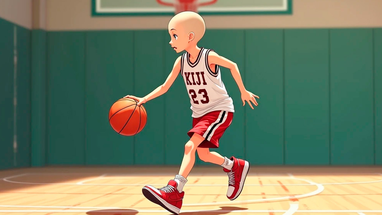 バスケットをする痩せた少年 AI生成