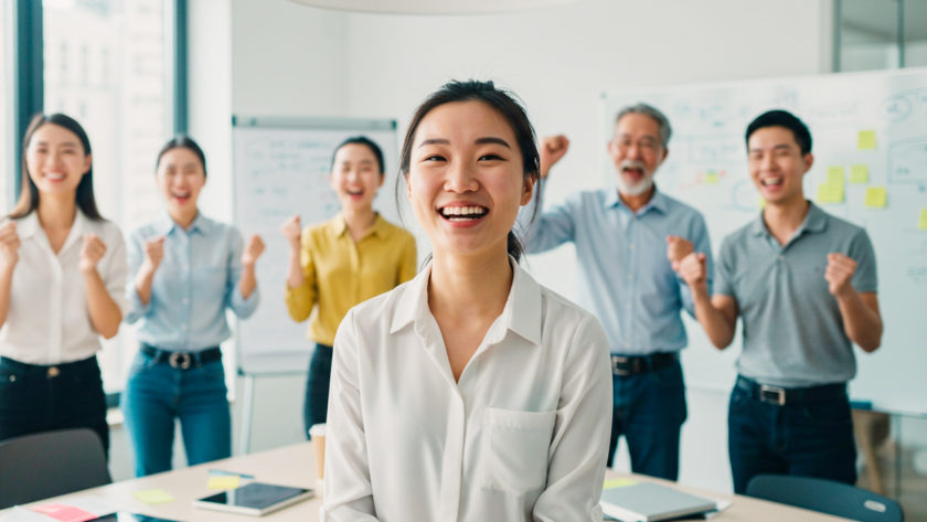 問題を解決して喜ぶ社員んたち AI生成