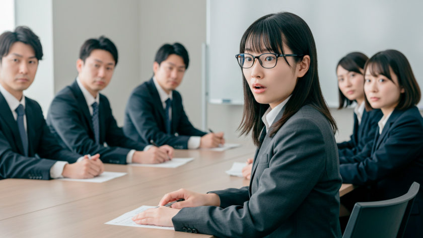 会議で何も決まらず驚く女性 AI生成