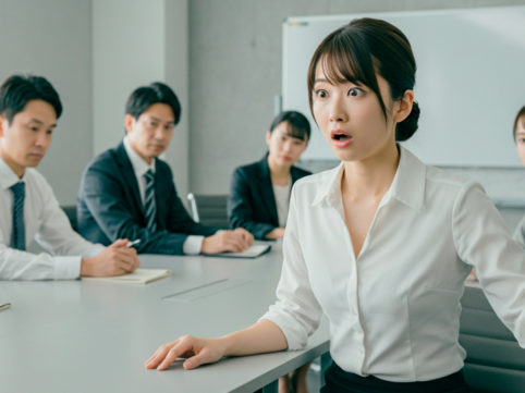 会議で何も決まらず驚く女性 AI生成