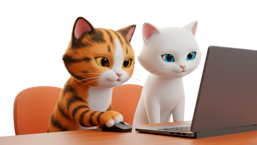 パソコンで仕事している猫たち AI生成