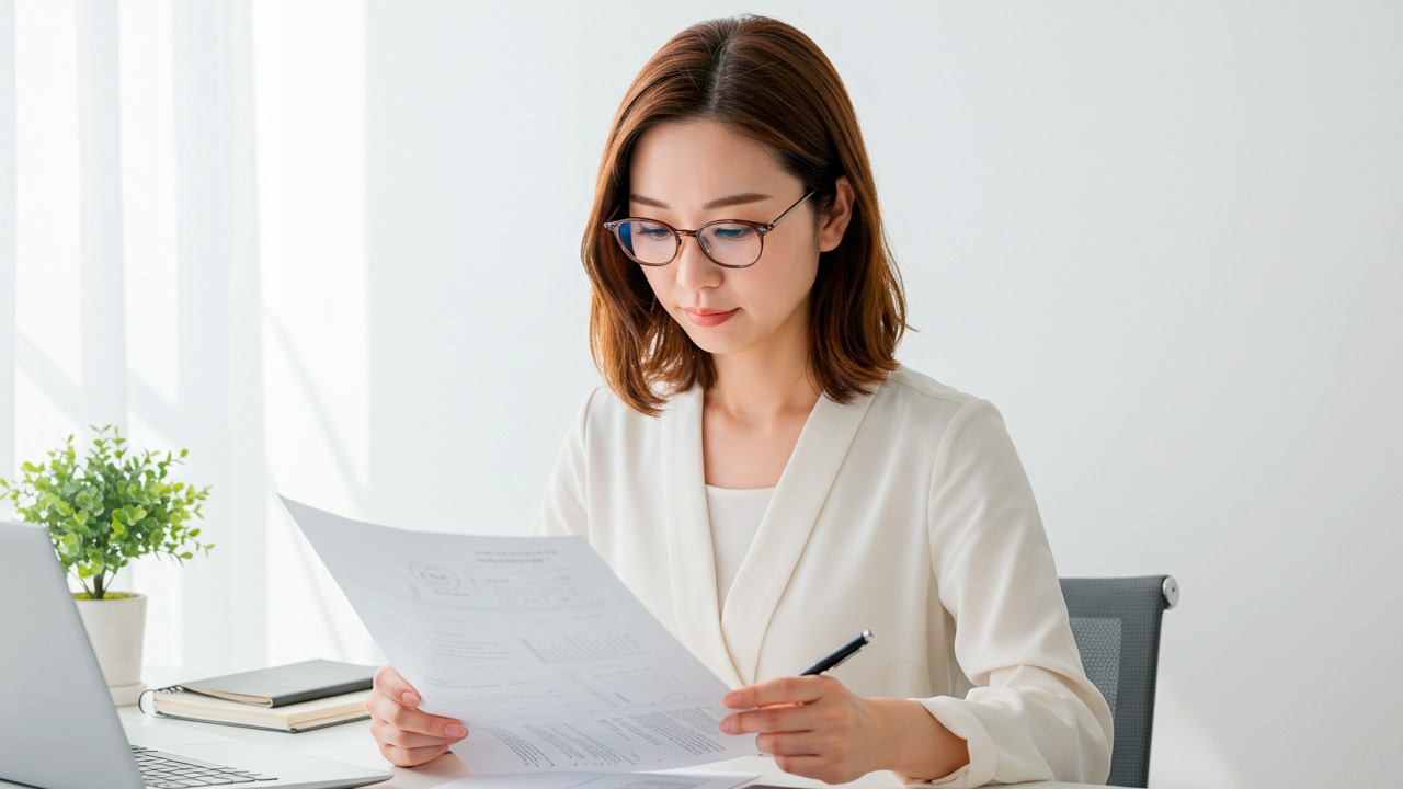 書類の記載内容を確かめる女性 AI生成