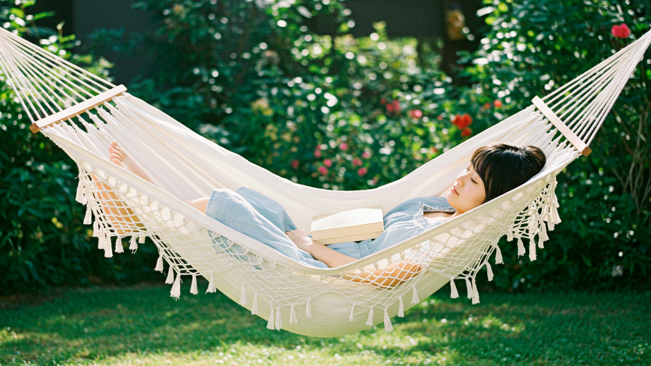ハンモックで寝る女性 AI生成