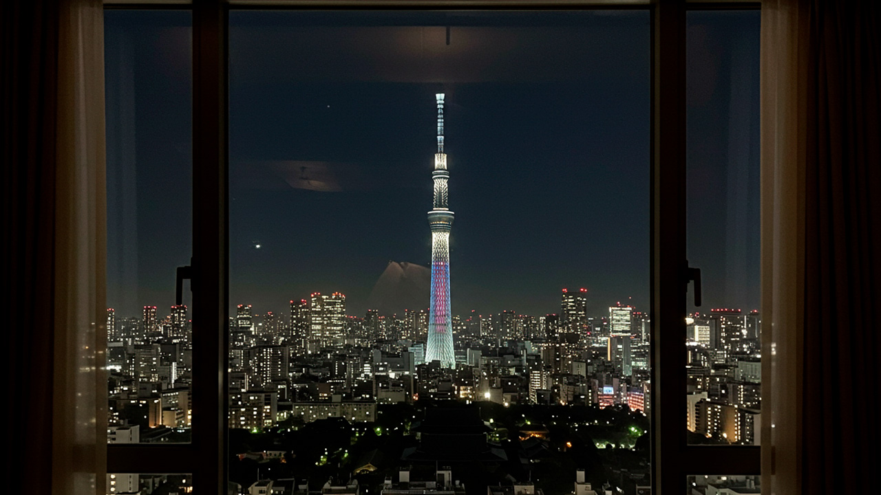 窓から見る夜の東京スカイツリー AI生成