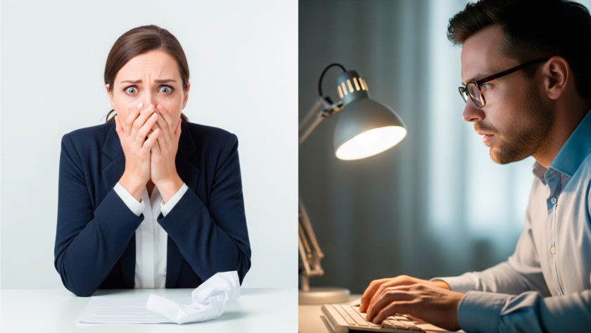 ミスをして慌てる女性と仕事に集中する男性 AI生成