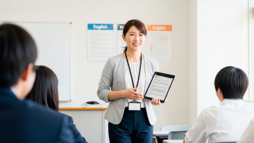 iPadを使って国語の授業をする教師 AI生成