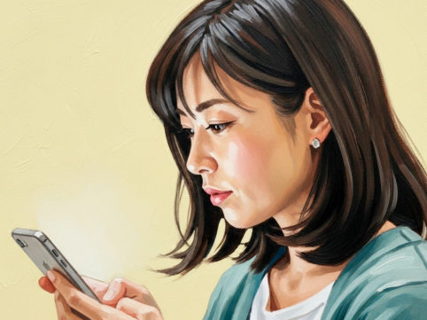 油絵イメージ スマートフォンを見る女性 AI生成