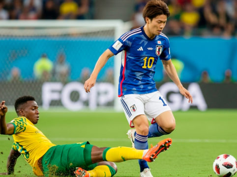 激しいスライディングを冷静にかわすサッカー日本代表選手のイメージ画像 AI生成