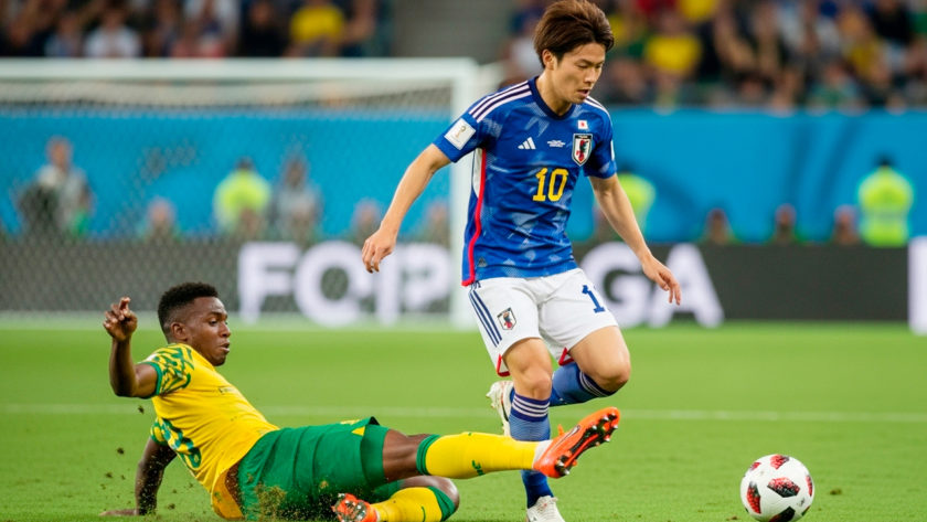 激しいスライディングを冷静にかわすサッカー日本代表選手のイメージ画像 AI生成