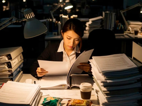 テクノロジーを活用できず残業する女性 AI生成