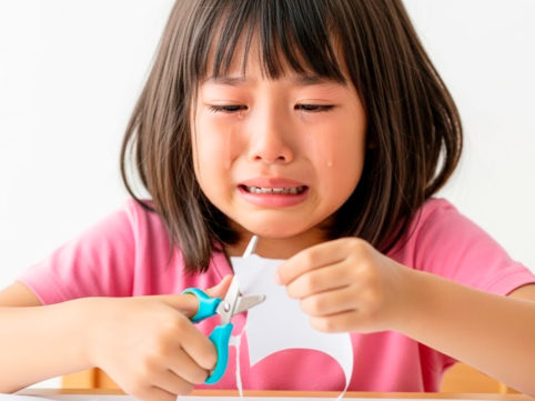 泣きながらハサミで紙を切る女の子 AI生成