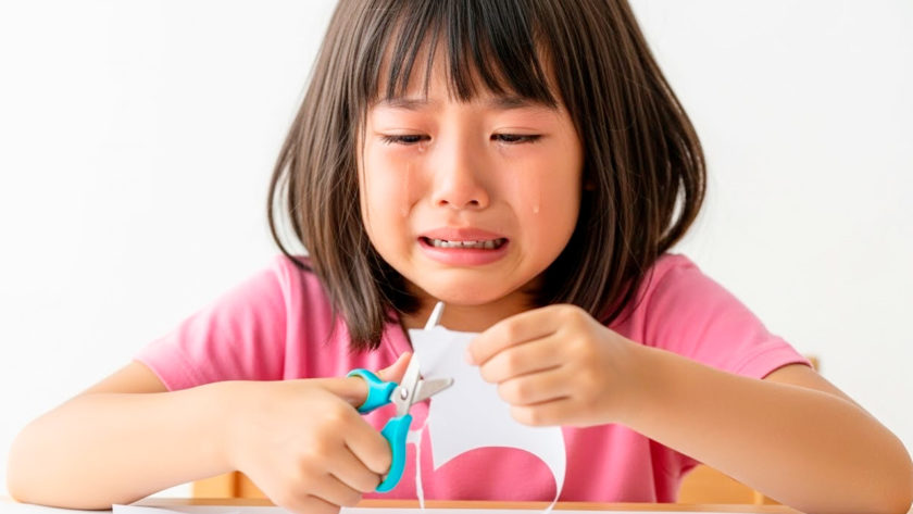 泣きながらハサミで紙を切る女の子 AI生成