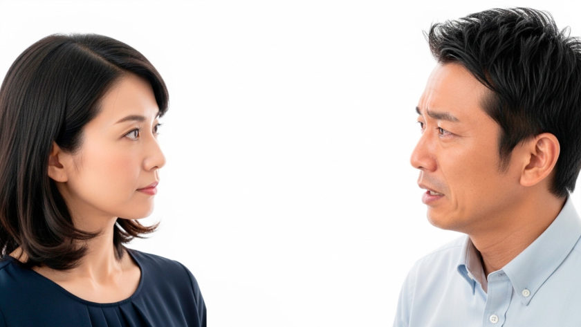 冷静に会話する女性と感情的な男性 AI生成