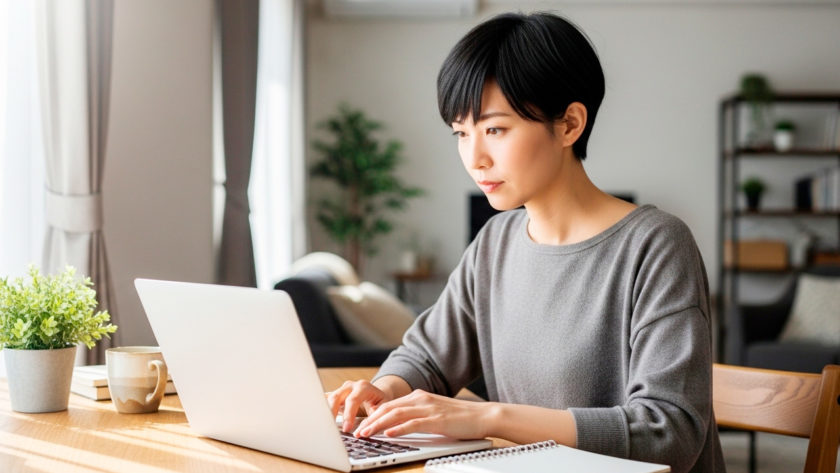 自宅でウェブ制作する女性 AI生成