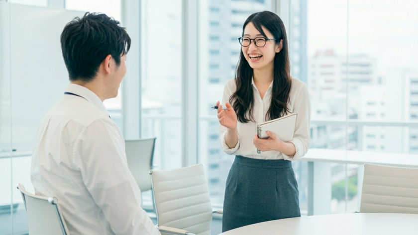 上司に質問して理解を深める女性 AI生成